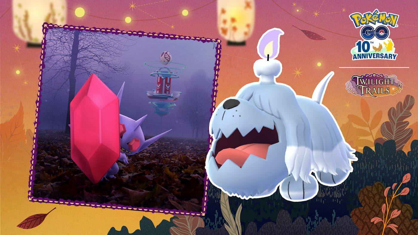 Un Mega Sableye con un cristal rojo en un bosque con niebla y un Greavard con una vela en la cabeza, con los logos de Pokémon GO
