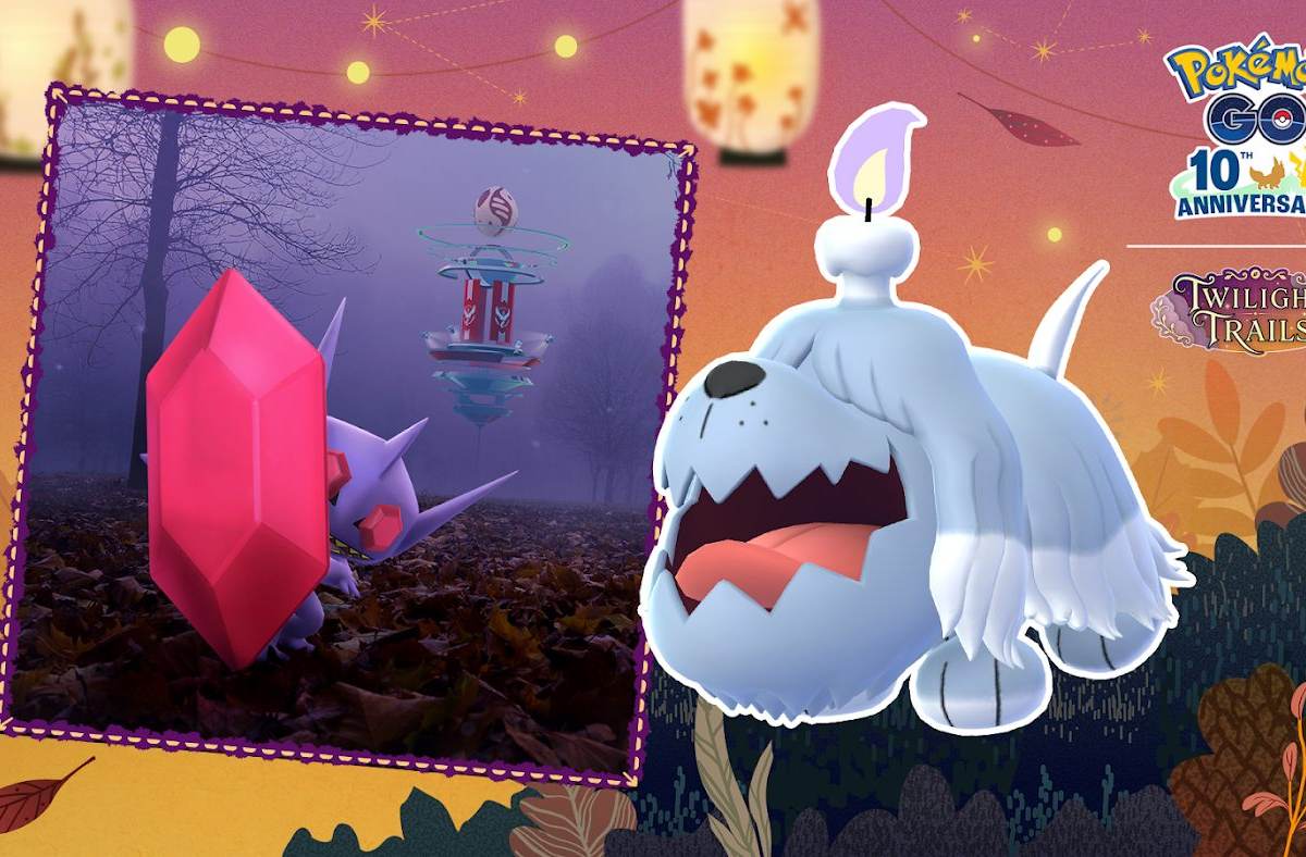 Un Mega Sableye con un cristal rojo en un bosque con niebla y un Greavard con una vela en la cabeza, con los logos de Pokémon GO