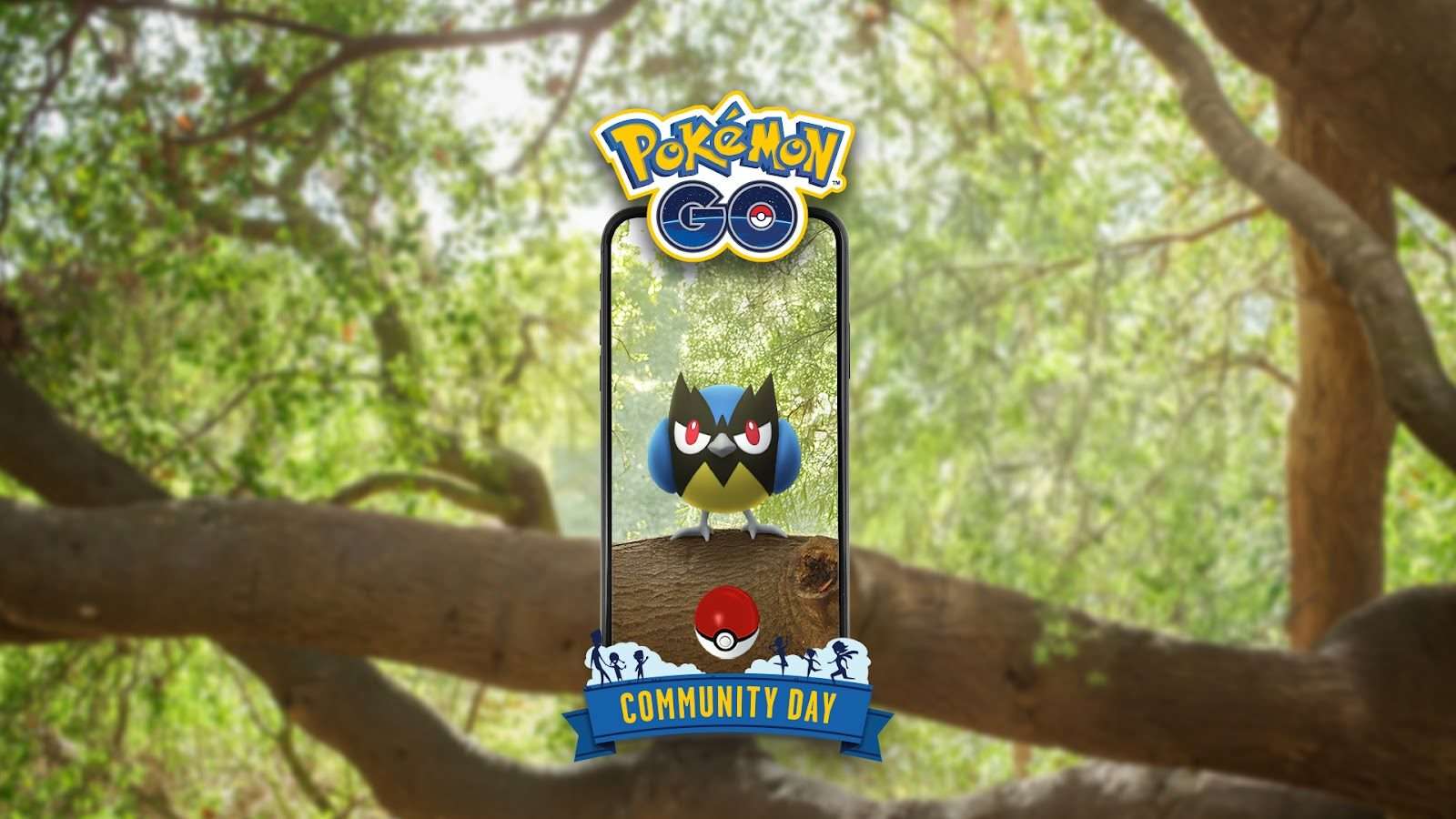 Un Rookidee sobre una rama dentro de la pantalla de un teléfono, con el cartel Community Day de Pokémon GO