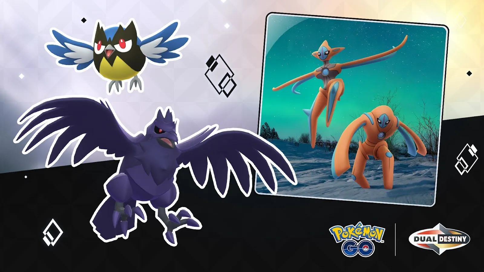 Un Rookidee y un Corviknight junto a dos Deoxys, en la imagen del evento Un acero resoluto de Pokémon GO