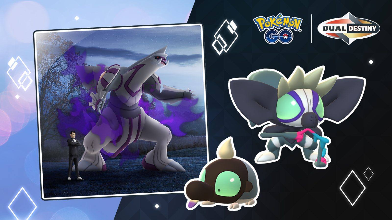 Imagen del evento de Pokémon GO con Giovanni y un Palkia oscuro a la izquierda, y Grafaiai y Shroodle a la derecha sobre fondo oscuro