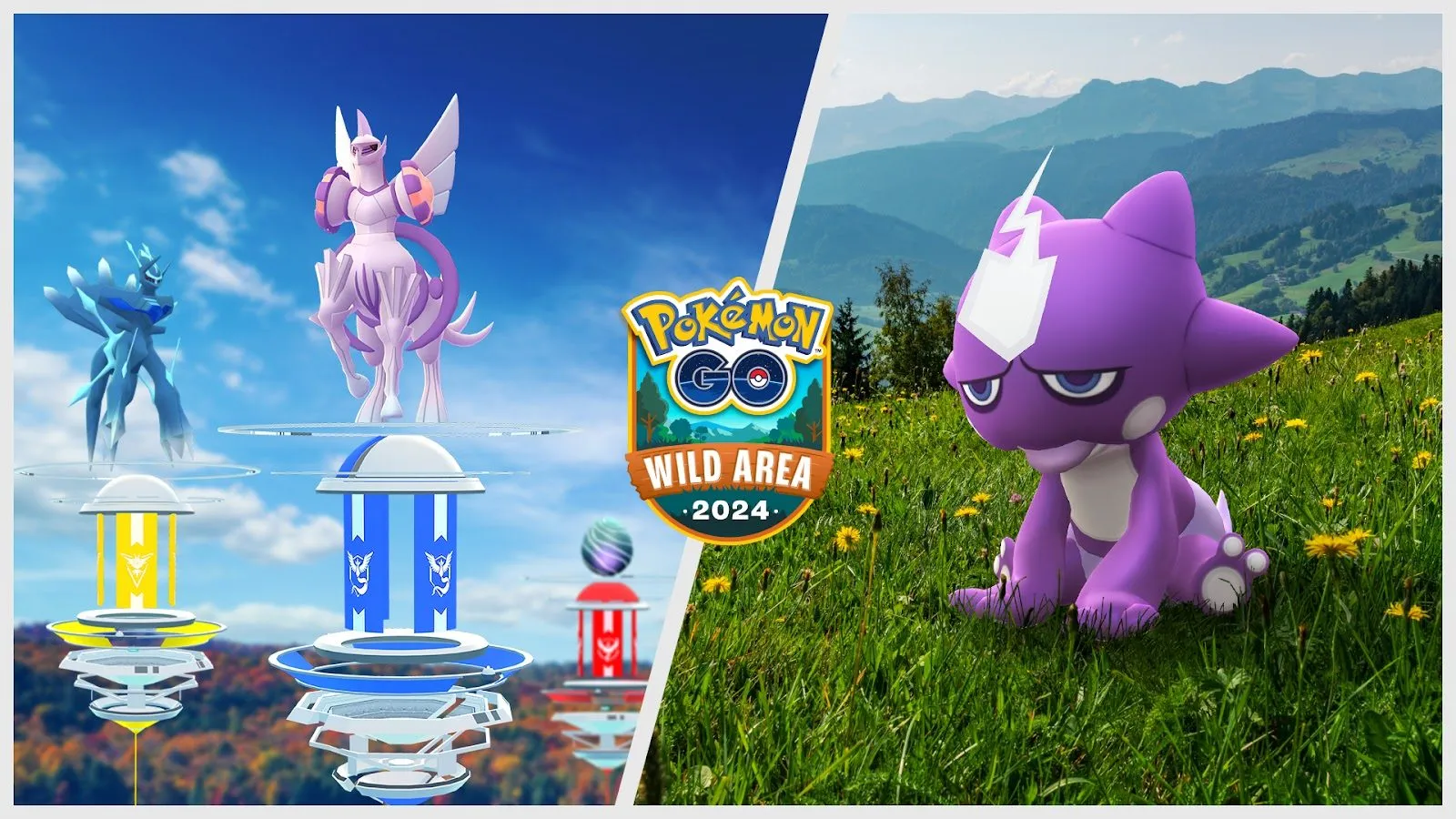 Toxel, un Pokémon morado con mechón blanco, sentado sobre una pradera, y, al lado, Dialga y Palkia sobre gimnasios, en la imagen de GO Wild Area 2024 de Pokémon GO