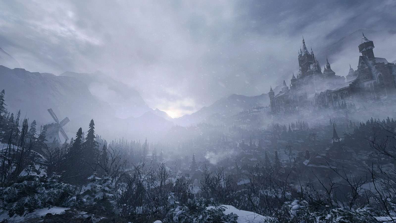 Un valle nevado y con niebla de Resident Evil Village, con un castillo en lo alto de la montaña y un molino en primer plano