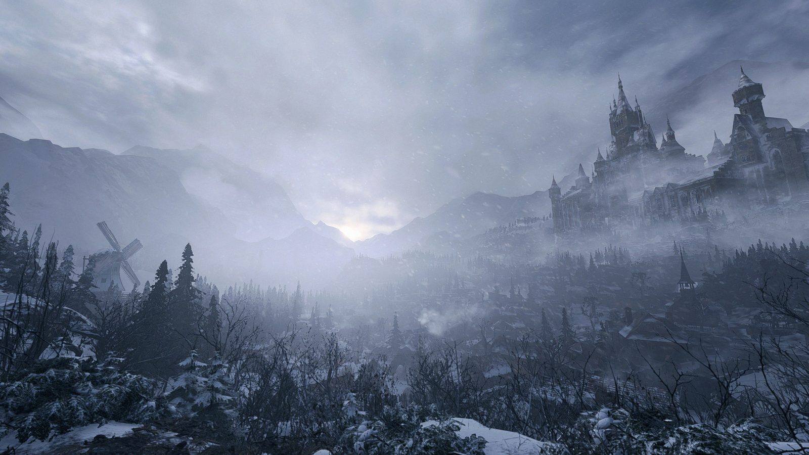 Un valle nevado y con niebla de Resident Evil Village, con un castillo en lo alto de la montaña y un molino en primer plano