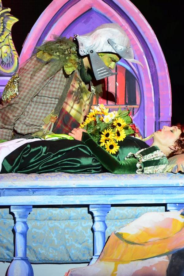 Escena de Shrek the Musical en un teatro: un actor con maquillaje de ogro verde y casco se inclina sobre una actriz con corona, recostada en una cama de cuento con un ramo de girasoles