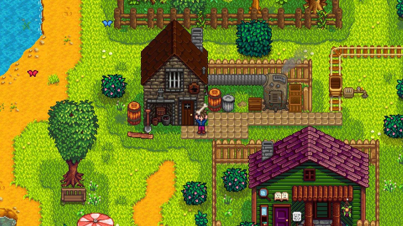 Un personaje levanta un hueso frente a una herrería de piedra con chimenea y una forja humeante, rodeado de árboles y arbustos en Stardew Valley