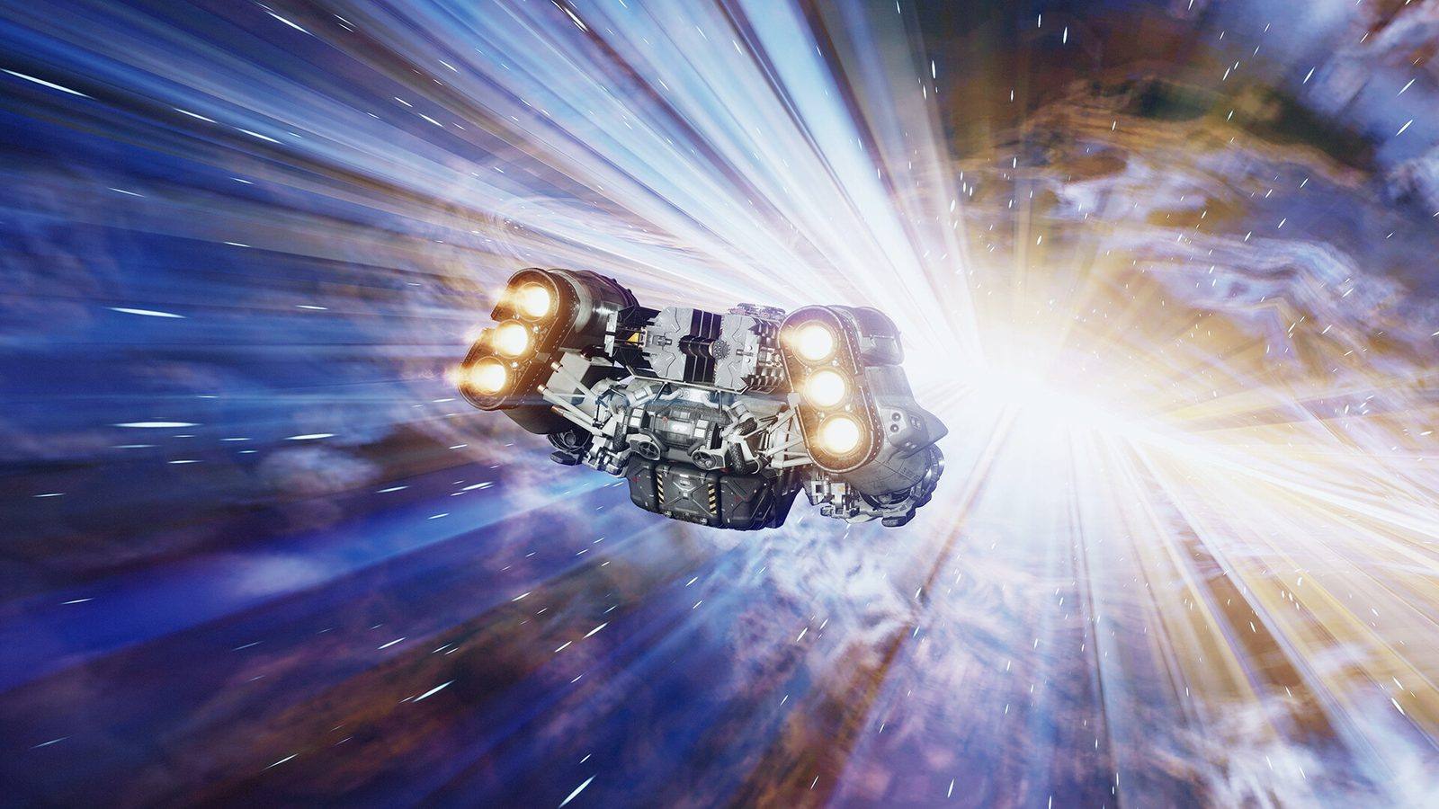 Una nave espacial de Starfield entra en un salto de velocidad rodeada de destellos de luz azul