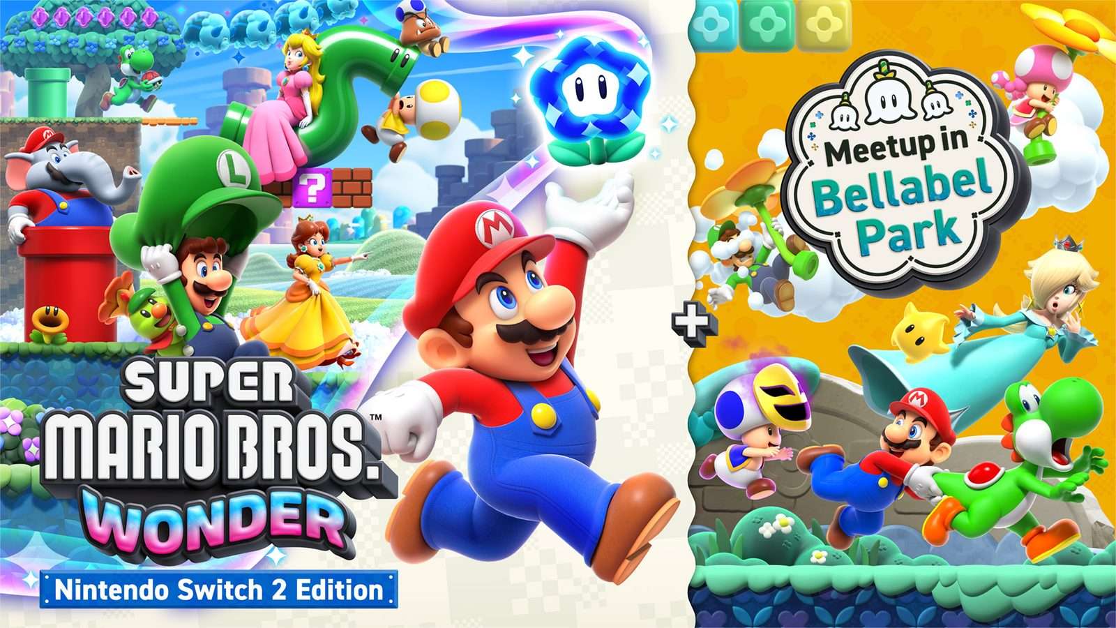 Arte oficial de la edición de Switch 2 de Super Mario Bros. Wonder: Mario salta hacia una Flor Maravilla azul junto a Luigi, Peach, Daisy, Rosalina y Yoshi