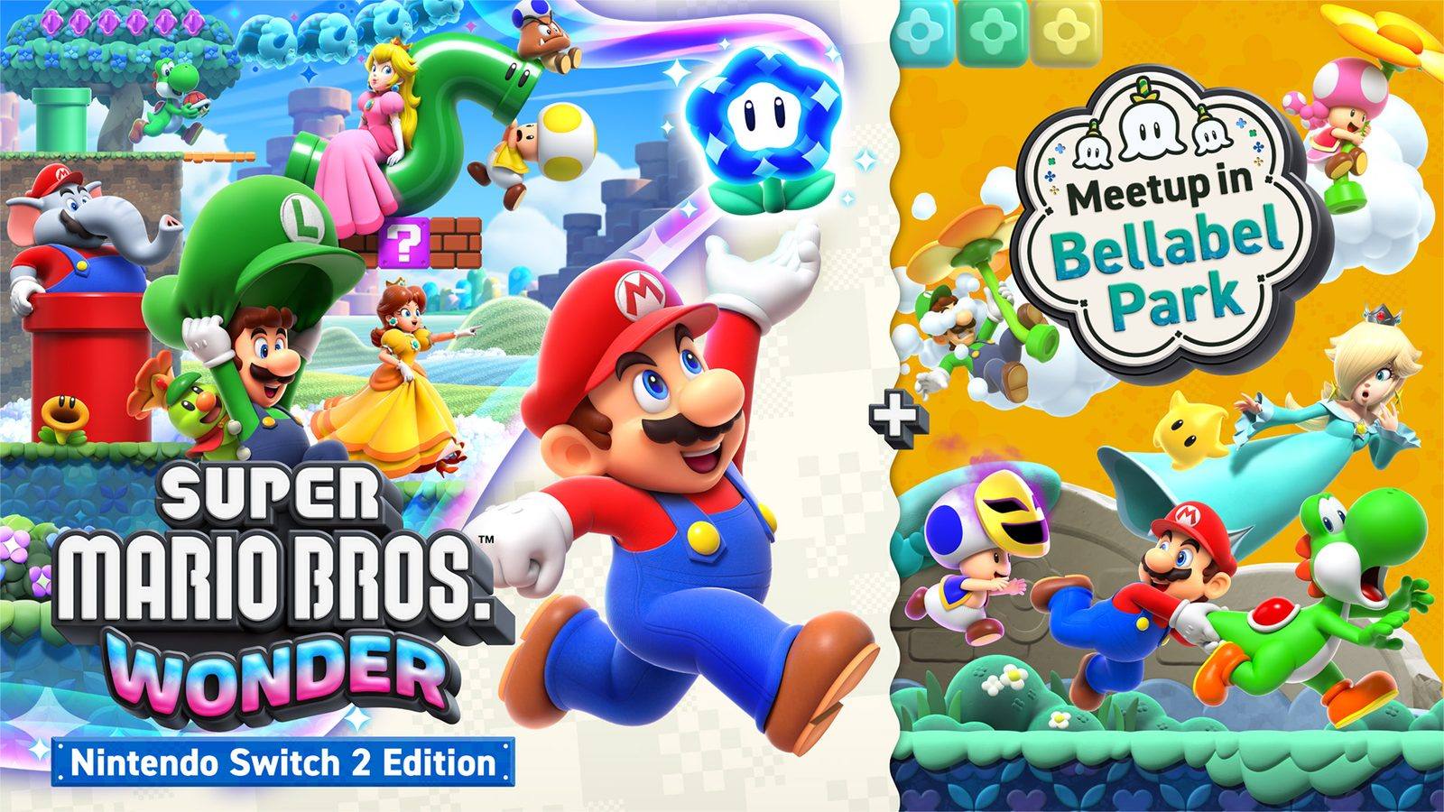 Arte oficial de la edición de Switch 2 de Super Mario Bros. Wonder: Mario salta hacia una Flor Maravilla azul junto a Luigi, Peach, Daisy, Rosalina y Yoshi