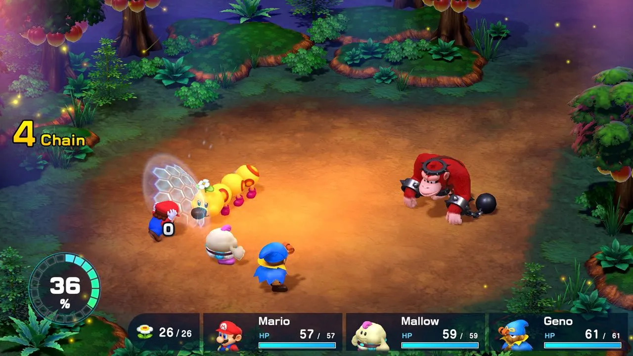 Mario, Mallow y Geno luchan contra un Wiggler amarillo y un gorila rojo encadenado en un claro del bosque