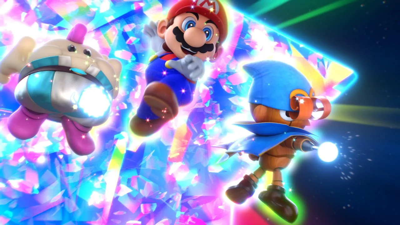 Mario, Mallow y Geno saltan entre destellos de cristales de colores mientras Geno dispara una luz
