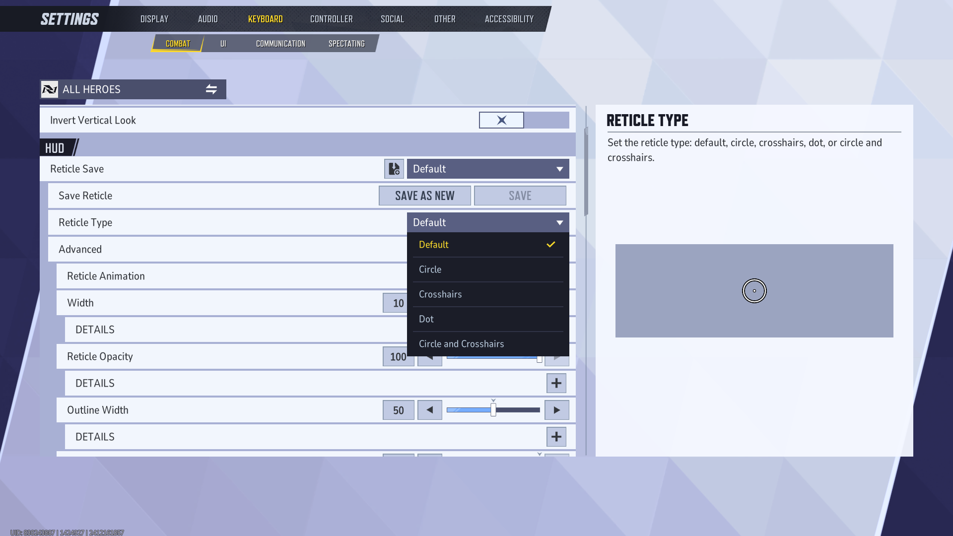 Un jugador personaliza la configuración de su retícula en Marvel Rivals