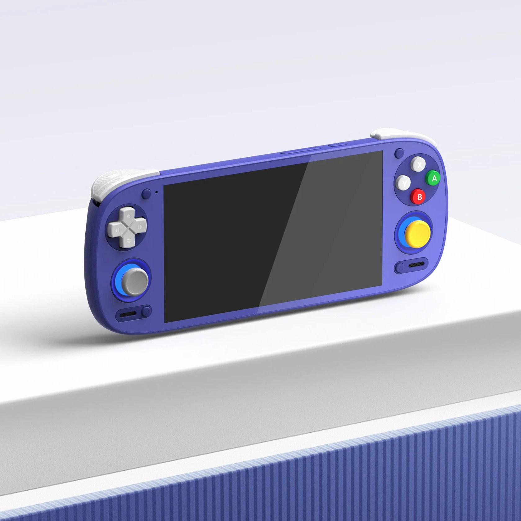 Una foto del Retroid Pocket 5 morado sentado sobre una mesa blanca