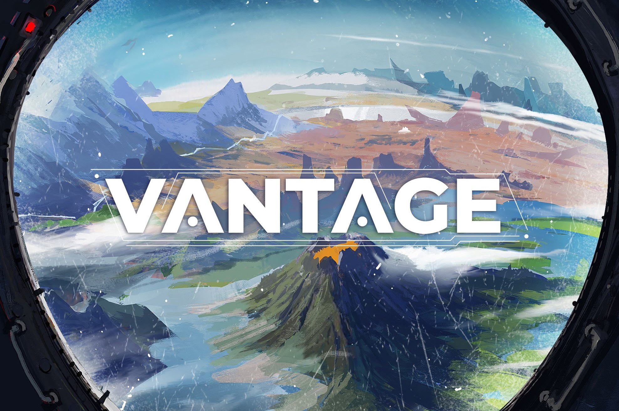 El arte clave de Vantage presenta una vista de un planeta con múltiples biomas visto a través del ojo de buey de una cápsula de escape que cae desde la órbita.