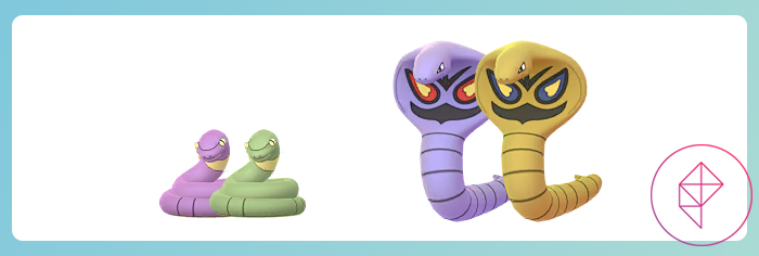 Ekans y Arbok en Pokémon van con sus formas brillantes. Los Ekans brillantes se vuelven verde y brillante Arbok se vuelven de oro.