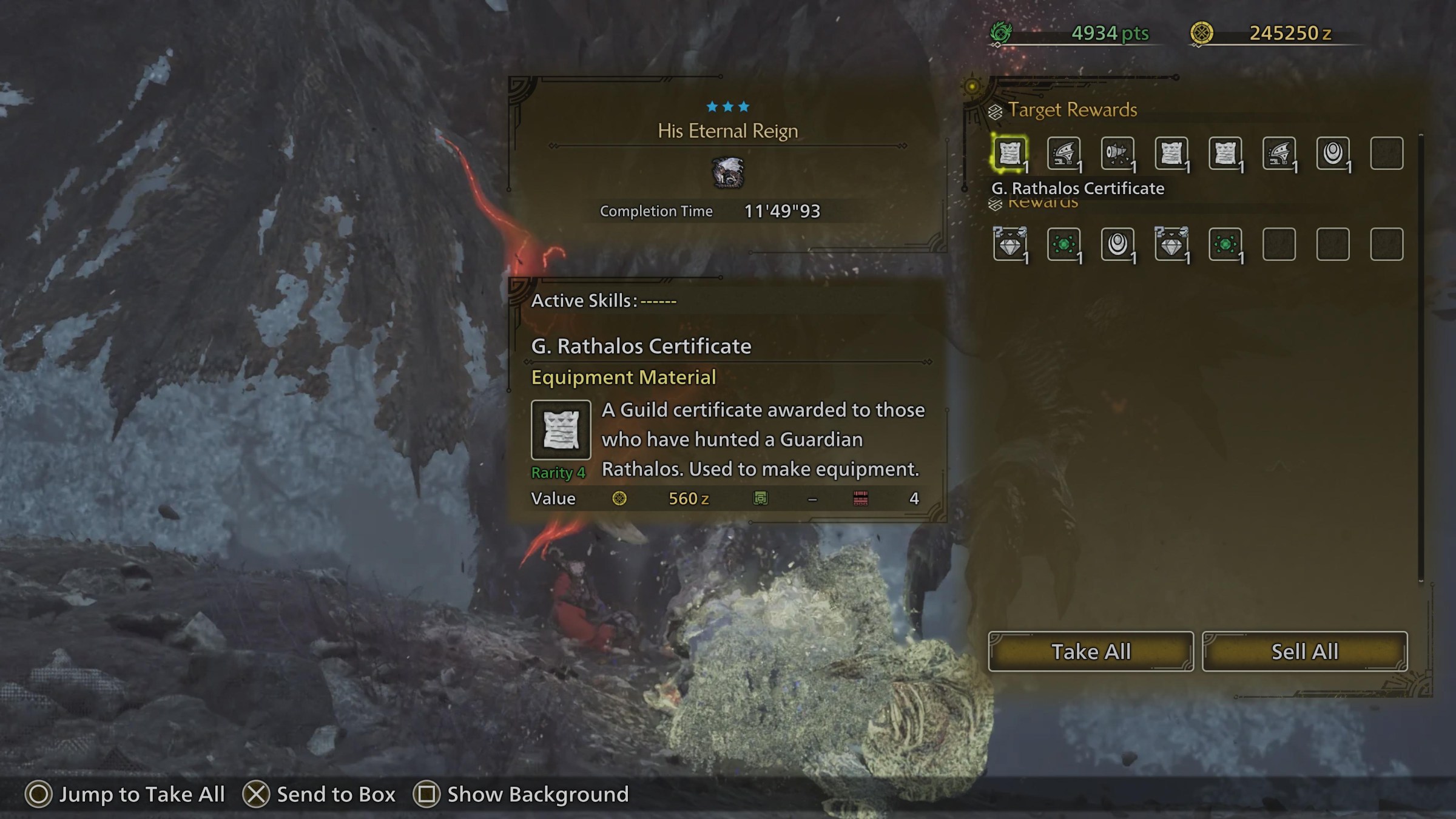 La pantalla de recompensas para Guardian Rathalos en Monster Hunter Wilds