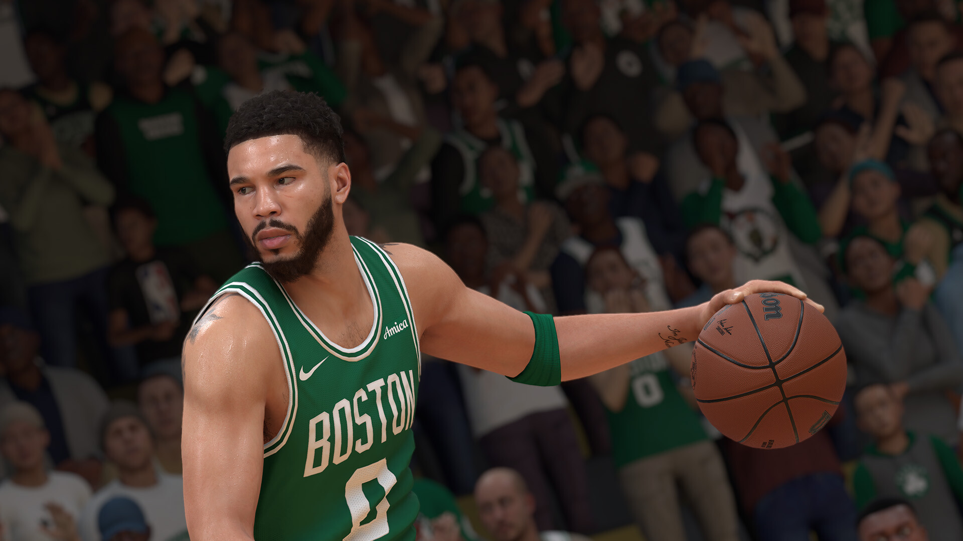 Un jugador celta de Boston de NBA 2K 25 Dribling a Basketball