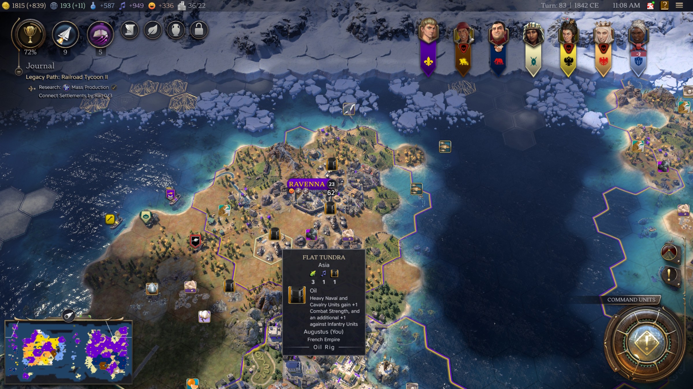 Un mapa muestra que Ravenna obtiene recursos en Civ 7