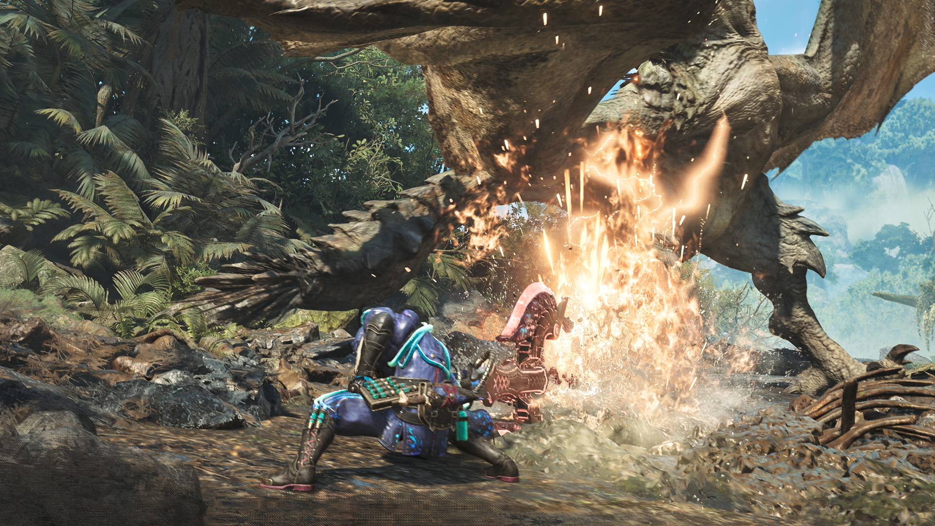 Una captura de pantalla de Monster Hunter Wilds donde el personaje del jugador se estrella contra un monstruo con un hacha roja gigante.