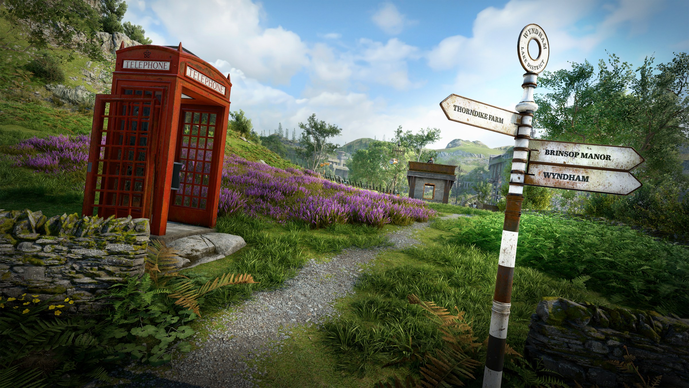 Una cajón telefónica británico rojo con la puerta de sus bisagras se encuentra junto a un campo de lavanda y un signo oxidado en Atomfall