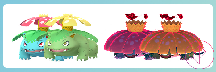 Venusaur y Gigantamax Venusaur con sus formas brillantes. Venusaur se vuelve verde y amarillo más ligero, y Gigantamax Venusaur obtiene una flor más naranja.