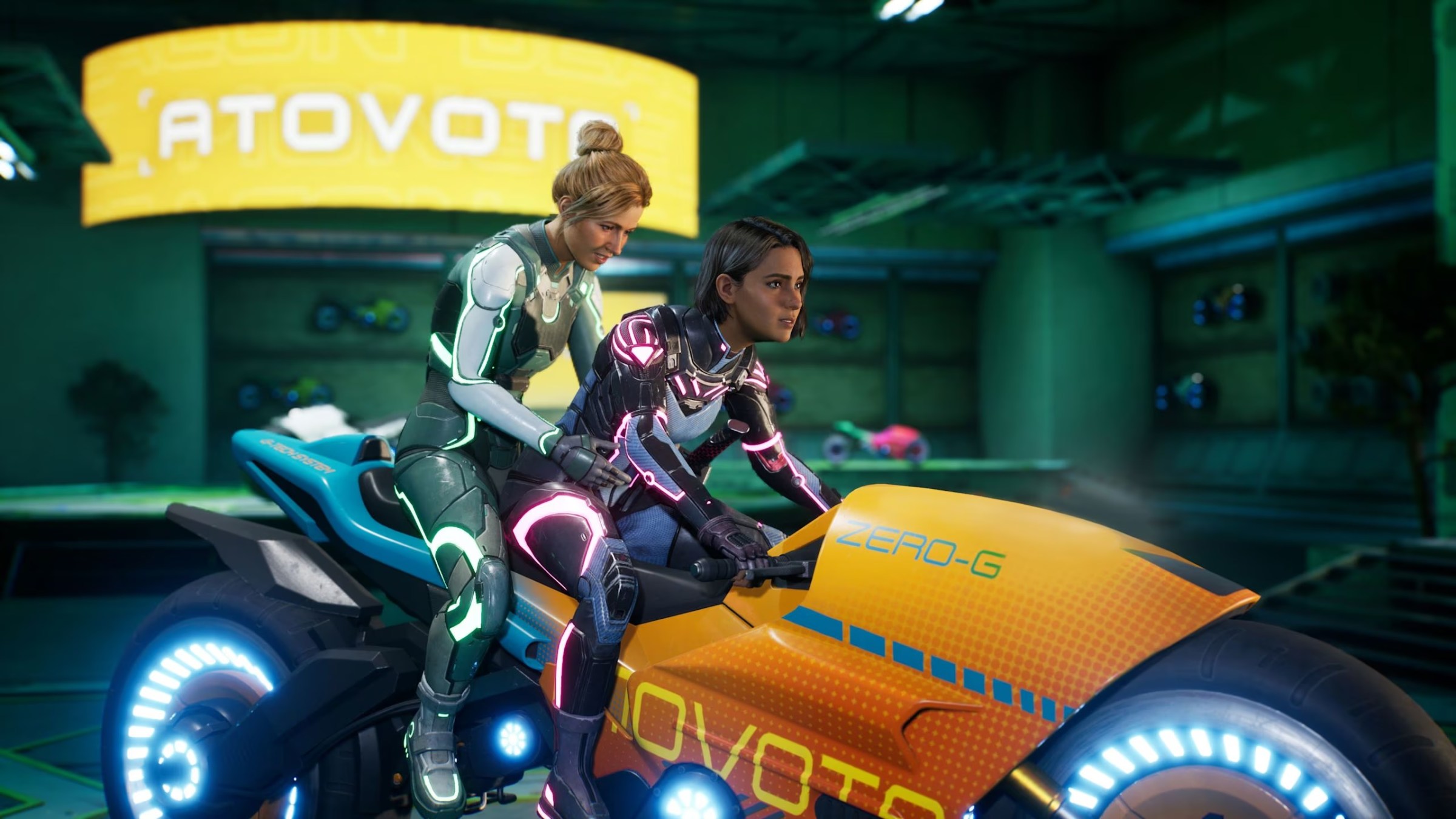 Zoe y Mio viajan en motocicleta mientras juegan cooperador de multijugador de ficción dividido en línea o localmente