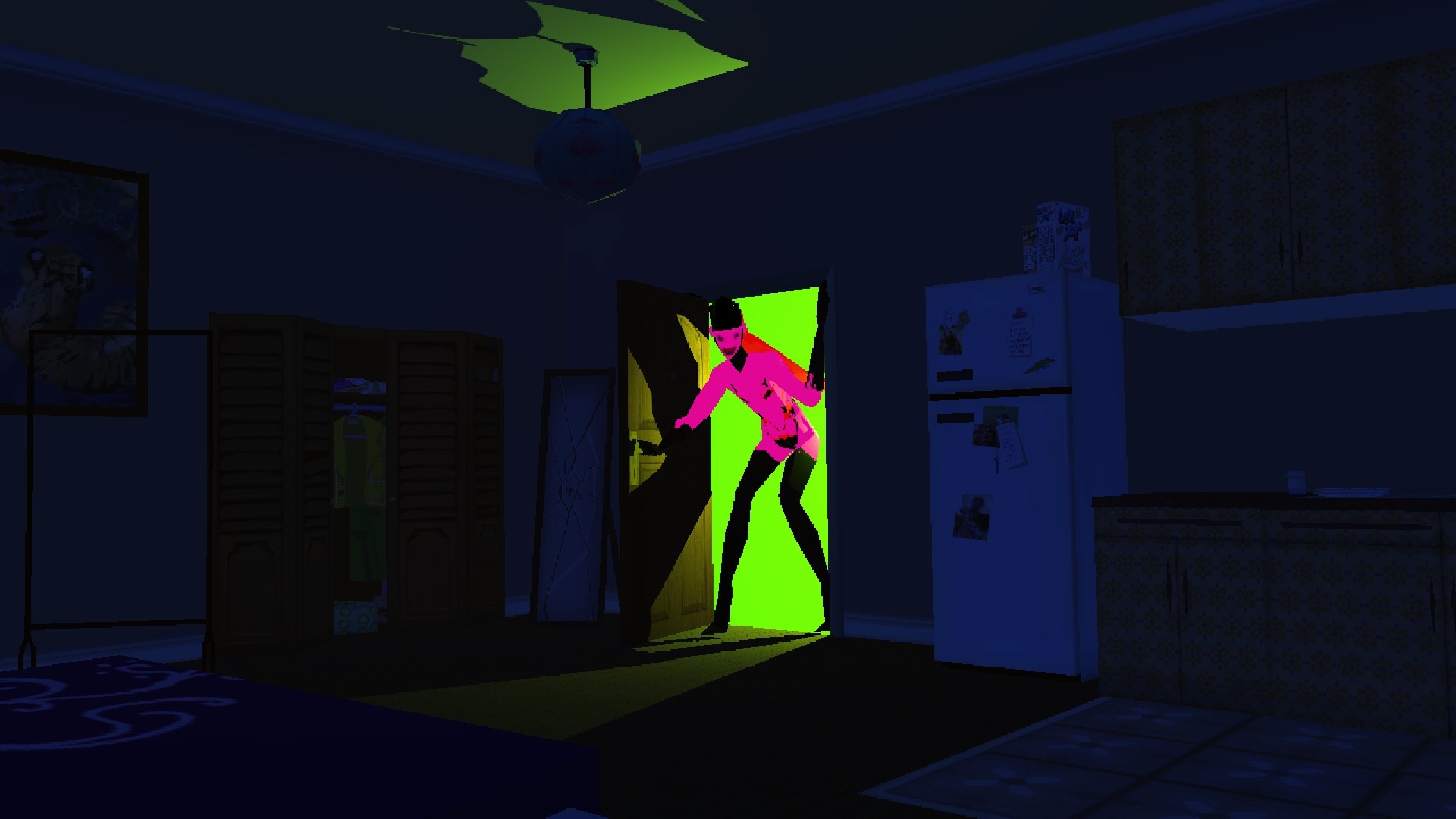 La forma de demonio de la duquesa aparece en la puerta del apartamento de Michelle en una captura de pantalla de lo siento, estamos cerrados