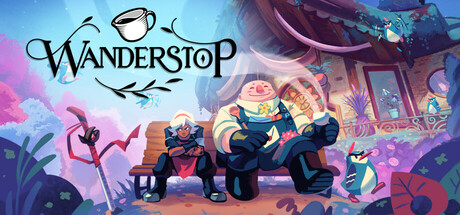 Dos personas, una feliz, una gruñona, se sientan en un banco mientras el té flota en Wanderstop